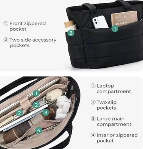 Quilted Soft Puffy Handbag for Women, Long-Handle Work Tote Bag, Compartments for Travel, Puffer Shoulder Bag (Black)