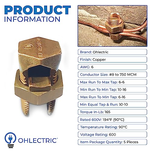 ohlectric hex head copper split bolt connector 6 awg 5 pack ul listed reusable heavy-duty electrical connector  high conductivity electrolytic copper  for grounding bonding amp direct burial