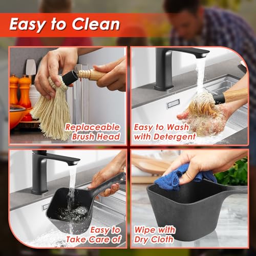 Image of Cast Iron Sauce Pot & Mop Brush Set-4Pcs Heads BBQ Basting Kit for Grilling | Cast iron pot+4-head mop brush set. Holds heat to keep sauces warm. Removable wood handle. For BBQ basting & butter melting.