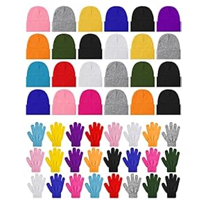 Funtery Juego de 48 gorros y guantes de invierno para niños, paquete a granel, gorro de punto, unisex, paquete de guantes mágicos, regalo de invierno para donación de niños y niñas