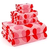 Whaline Valentine's Day Bath Towels Set of 6 Jacquard Cotton Bathroom Towel Red Pink Heart Hand Towel Wash Cloth for Holiday Hand Drying Shower Supplies
