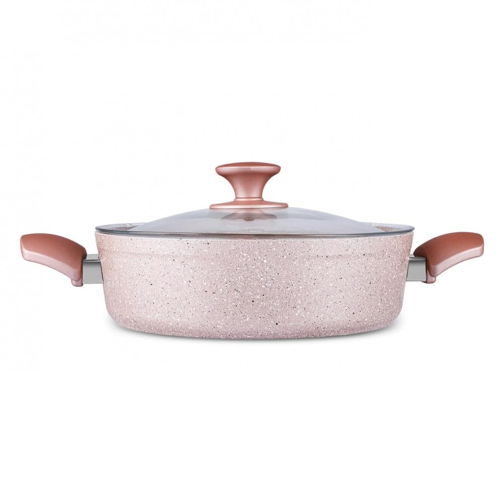 Karaca Bio Granit Töpfe und Pfannen Set, Antihaft-Kochgeschirr Set mit Glasdeckeln, 7-teilig, Kratzfest, spülmaschinengeeignet, Küchen-Kochutensilien, Induktion Roségold Topfset