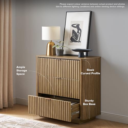 mopio Brooklyn 3 Drawer Dresser for Bedroom, Mid Century Modern Chest of Drawers, Wood Tall Nightstand, Waveform Fluted Side Table, Enhanced Safety, ASTM F2057-23 Sturdy Compliant (Walnut)