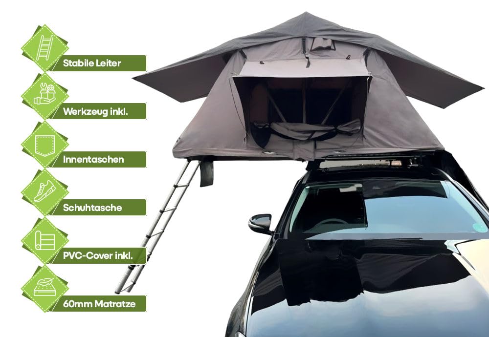 Dachzelt Expedition - 3 Personen 140cm inkl. Leiter, PVC-Cover, Schuhtasche, Werkzeug - Leicht & Schnell Aufzubauen