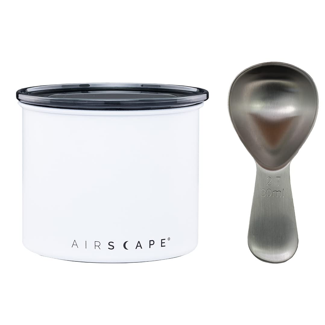 Airscape Stainless Steel Coffee Canister & Scoop Bundle | Dry Goods Storage by Planetary Design – Small, 250 milliliters, Stainless Steel, White