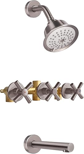 Miniatura 1 de Juego de grifo de ducha de 3 asas, juego de grifo de bañera con boquilla de bañera, kit de molduras de bañera y ducha con válvula, montaje en pared,