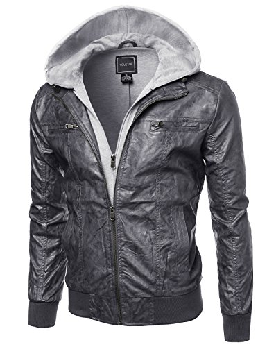 Youstar Refined Faux-Leather Moto Jacket with Fleece Hood Attached Navy Size XL