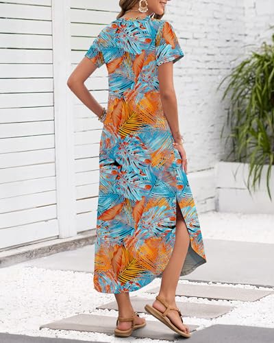 Image of MISFAY Women's Summer Maxi Dress 2026 Casual Short Sleeves V Neck Loose Sundress Split Long Beach T Shirt Dress
