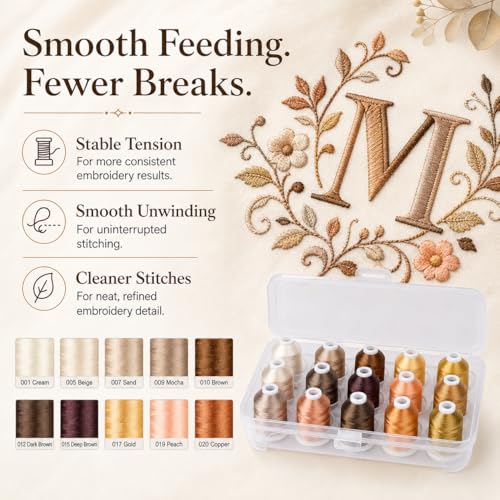 Image of Simthread 15-Color Polyester Machine Embroidery Thread Set, Brown Series | 15 coordinated 1000M polyester spools for machine embroidery, quilting, patches, monograms and everyday sewing.