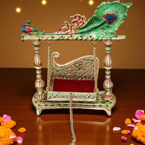 Image of KridayKraft Decorative Krishna Jhula Swing, Metal, Gold-Plated with Peacock Design, 30x20 cm, 750 GM
