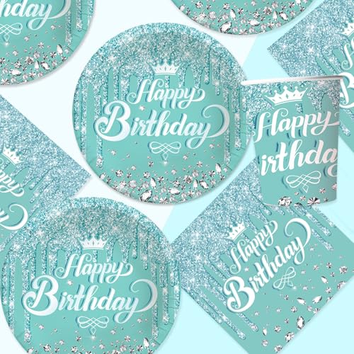 Bikasun Hellblau Partygeschirr Set, 16 Gäste Blau Diamant Geburtstag Geschirr, Kindergeburtstag Teller Becher Servietten Pappteller Party Deko Mädchen Jungen Tischdekoration