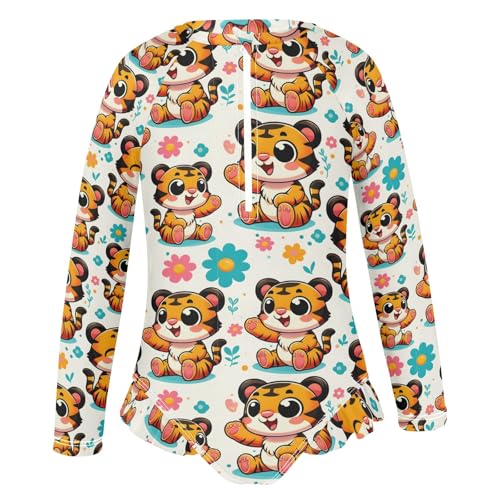 Cute Cartoon Tigers Girls Long Sleeve Swimsuit Rash Guard One Piece Bathing Suits Zipper 3-12T2