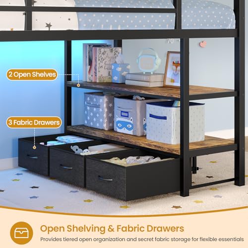ADORNEVE Low Loft Bed Twin Size with 5 Storage Drawers, Twin Loft Bed with Bookcase & LED Lights, Open Storage Shelves, Metal House Loft Bed with Safety Guardrail & Under-Bed Play Space for Kids,Black - Thumbnail 5