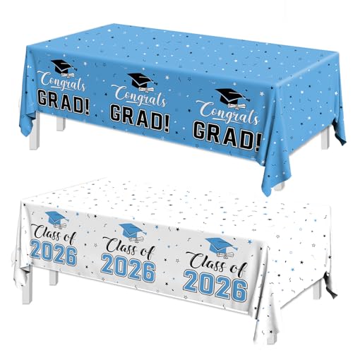 Image of 2026 Graduation Decorations,Congrats Grad Tablecloth 2pcs White Teal Class of 2026 Table Covers Rectangle for Graduation Party Supplies,108x54inch (Sky Blue)
