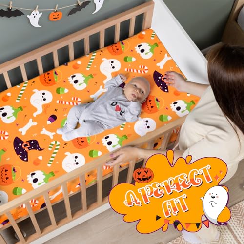 Image of UOMNY Halloween Pumpkin Crib Sheet for Boys Girls Halloween Fitted Crib Sheets for Standard Crib 52 X 28 Inch Toddler Crib Mattresses Sheet, Purple Hat