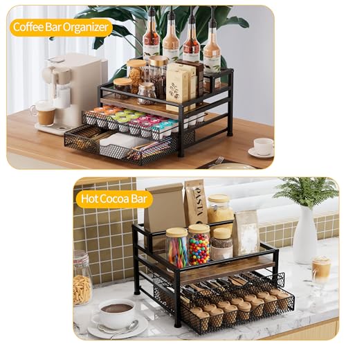 Image of 4 Tier Coffee Syrup Rack Organizer, Coffee Bar Organizer for Countertop, Coffee Station Organizer with 2 Sliding Drawers for Pods, K Cup Holder, Stirrer and Condiment, Brown
