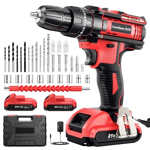 Cordless Drill Set 21V, Cordless Hammer Drill with 2 Batteries 2000mAh, 25+3 Torque, 42N.m Max Electric Drill, 30PCS Drill Bits 2 Speed, LED Light for Home and Garden DIY Project Cordless Drill Set 21V, Cordless Hammer Drill with 2 Batteries 2000mAh, 25+3 Torque, 42N.m Max Electric Drill, 30PCS Drill Bits 2 Speed, LED Light for Home and Garden DIY Project