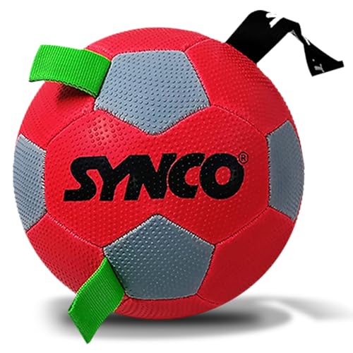 Synco Dog Football Red with Green Holding Loops, Durable Rubber Dog Ball Toy for Tug, Fetch & Training, Interactive Pet Play Ball for Small & Medium Dogs, Size 3