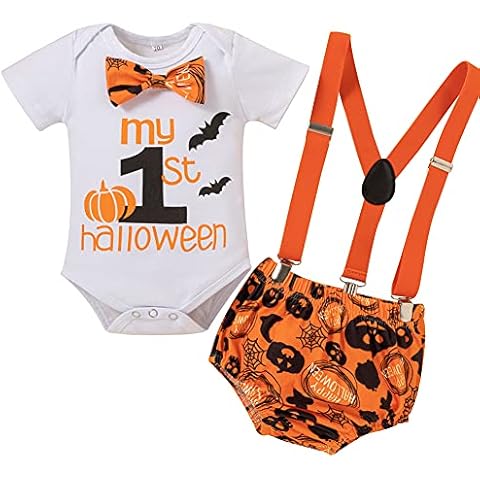 AGQT Baby Boys First Halloween Outfit Set Pumpkin Short Sleeve Romper Bodysuit Size 9-18 Months, White, 12-18 Months Cover