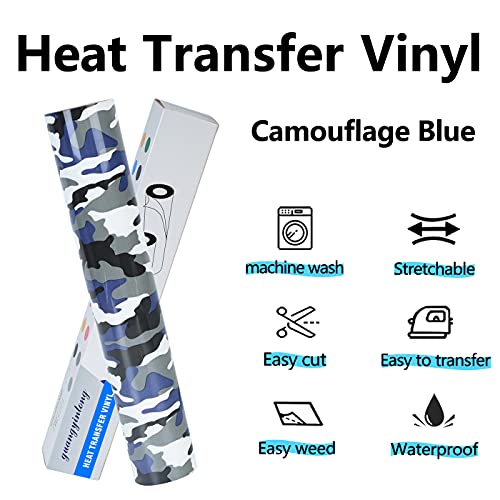 Image of guangyintong Camouflage Blue Heat Transfer Vinyl HTV Rolls, 12 inch x 8ft Iron on Vinyl for T-Shirts, Stretchy HTV Vinyl for All Cutter Machine Easy to Cut & Weed
