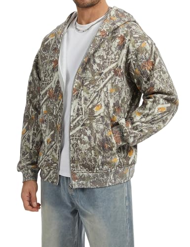 Camo Zip up Hoodie Men Full-Zip Fleece Hoodies Oversized Hooded Sweatshirts Maple Leaf Print Long Sleeve Sweatshirt