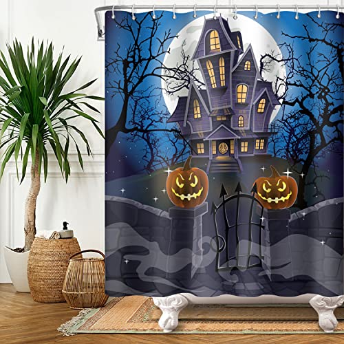 SDOTPMT 90x183cm Horror Halloween Cortina Ducha Calabaza Luces Castillo Luna Llena Cortina de baño Árbol Sucursales Halloween Víspera Pesadilla Cortina de bañera Impermeable para Baño con Ganchos