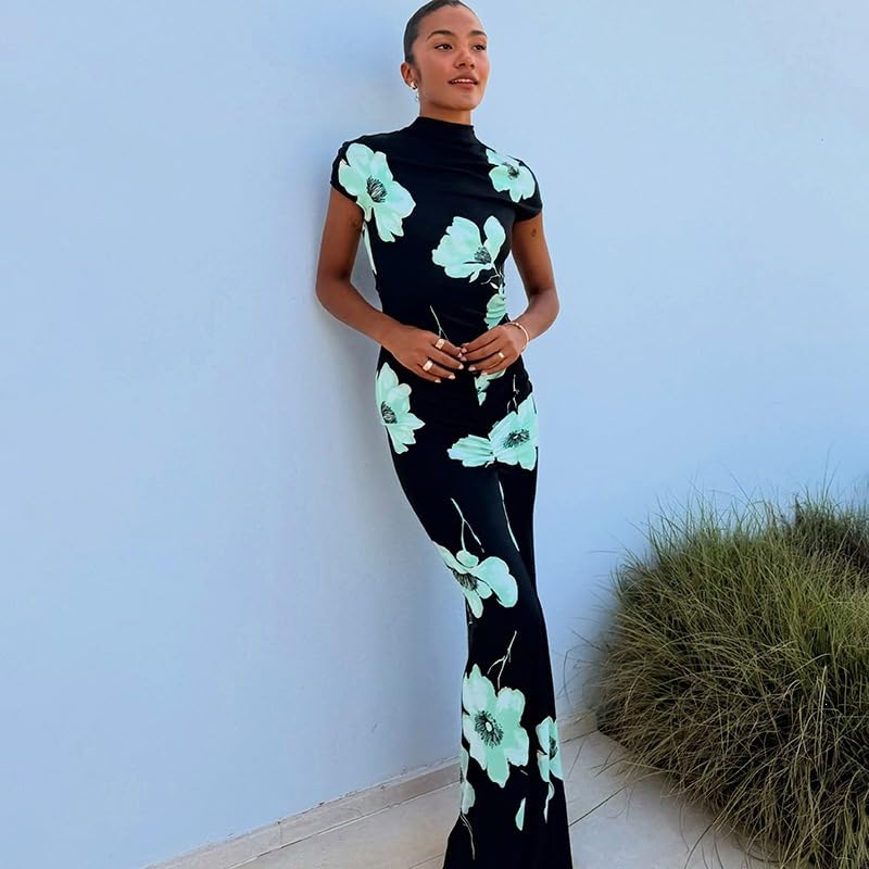 Image of Womens Sexy Maxi Dress Long Sleeve Ruched Bodycon Turtleneck Club Party Casual Wedding Dresses
