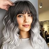 AISI HAIR Synthetic Curly Bob Wig with Bangs Natural Looking Short Ombre Silver Grey Wig Heat Resistant Fiber Hair for Women