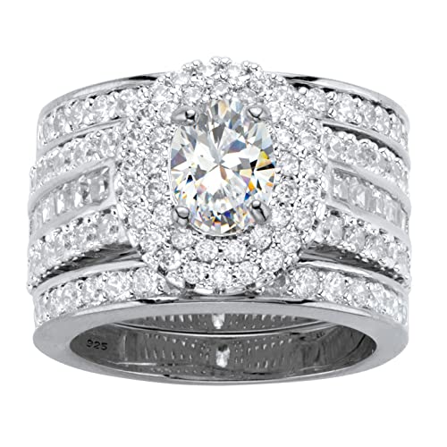 Platinum over Sterling Silver Oval Cut Cubic Zirconia Double Halo Bridal Ring Set