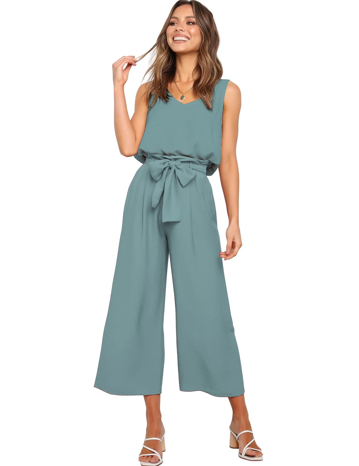 FANCYINN Donne 2 Pezzi Tuta Casual Estate Canotta Senza Maniche con Scollo a V e Vita Alta a Gamba Larga