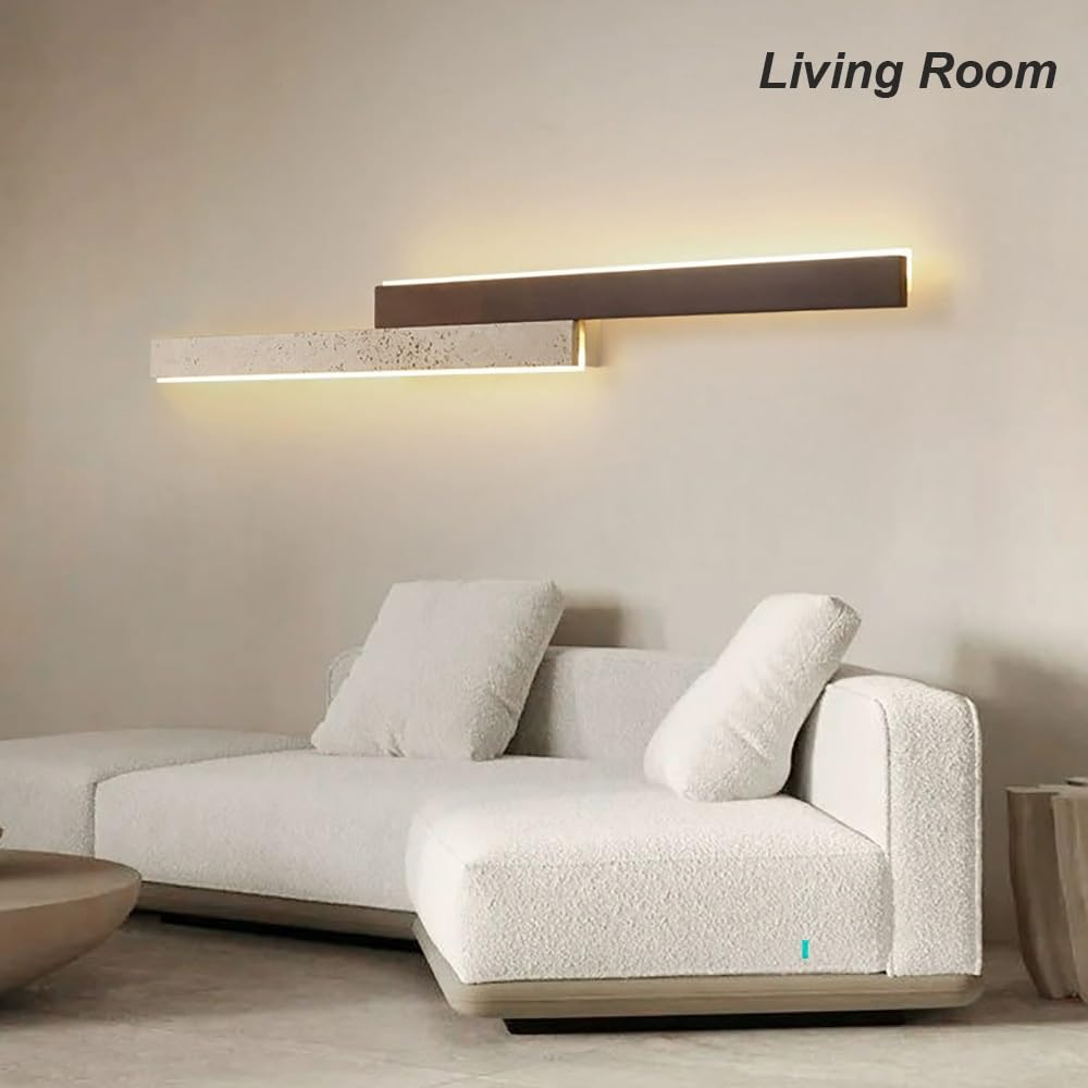 Lampy Ścienna LED z Liniowego Drewna, Długi Kinkiet z Trawertynu Oświetlenie Ścienne Minimalistyczne Rustykalne Ściemnialne do Sypialni Korytarza Salonu Schodów(60cm/23.62in)