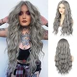 WECAN Gray Wig Long Silver Wigs for Women 28-inch Natural Wave Synthetic Long Grey Wigs Halloween Cosplay Daily Party