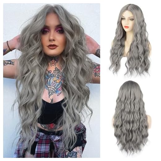 Gray Wig Long Silver Wigs for Women 28 inch Natural Wave Synthetic Long Grey Wigs Halloween Cosplay Grey Wig Daily Party Wigs