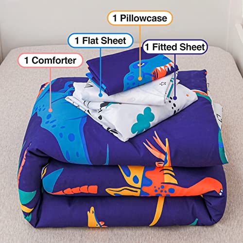 A Nice Night - For Kids Toddler Boys Girls Daycare Preschool Kindergarten, Dinosaurs Printed On Navy Blue Toddler Bedding Set,Includes Comforter, Flat Sheet, Fitted Sheet And Pillowcase (Blue) #TOP5