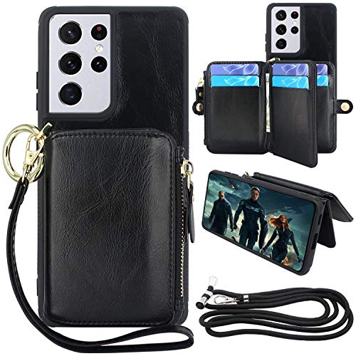 Lacass [Cards Theft Scan Protection] Crossbody Chain 8 Card Slots Holder Zipper Pocket Wallet Case PU Leather Cover Wrist Strap Loop Kickstand Carrying Pouch Bag for Samsung Galaxy S21 Ultra (Black)