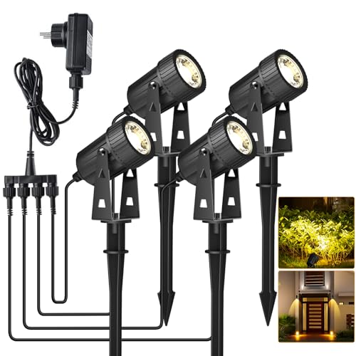 UODIR 4 Stücke Gartenbeleuchtung LED, Warmweiß 3200K LED Gartenstrahler, IP65 Wasserdicht strahler außen mit Erdspieß Gartenlampe für Außen Garten Rasen Dekorative