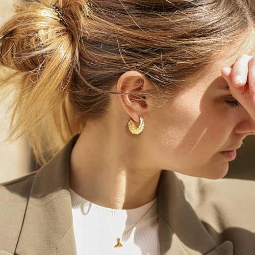 14K Gold Earrings for Women Hoop Earrings for Women Trending Earring Croissant-Inspired Design with Realistic Textured Cute Hoop Earring Womens 20mm3