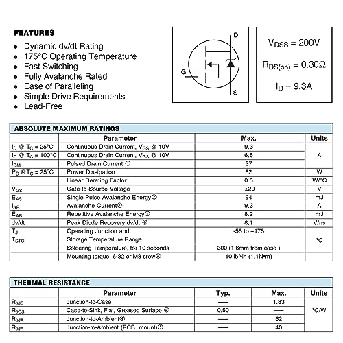Image of IRF630 MOSFET Transistors 9A 200V IRF630PBF N-Channel Power Transistor 9 Amp 200 Volt TO-220 (Pack of 10Pcs)