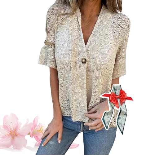 Tenddaily Hollow V-Neck Short Sleeves,Hollow V-Neck Single Button Loose Short Sleeves