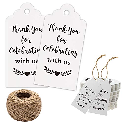 Thank You Tags, Thank You for Celebrating with Us Tags, 100Pcs White Thank You Tags for Wedding Birthday Baby Shower Party Favors, Paper Gift Tags with 100 Feet Jute String