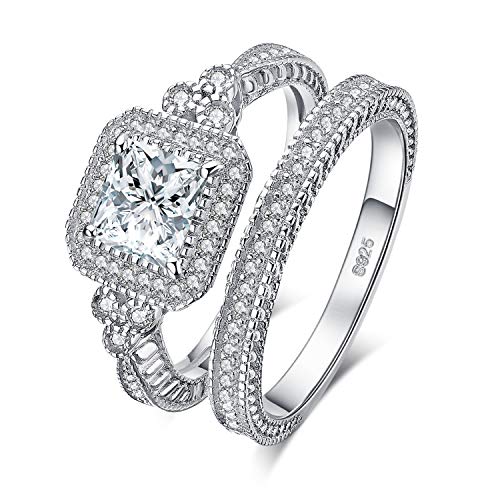 JewelryPalace Wedding Bands Engagement Rings for Women, 14K Gold Plated 925 Sterling Silver Cubic Zirconia Promise Rings, Vintage Thick Anniversary 2ct Princess Cut Halo Simulated Diamond Ring Sets 5