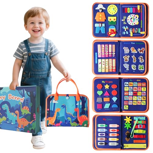 KAWITLO Toddler Montessori Busy Board - Dinosaur Learning Activity Toy Boys Gift Sensory Learning Toy for Toddlers Educational Busy Book for Toddlers Travel Toy (Blue)