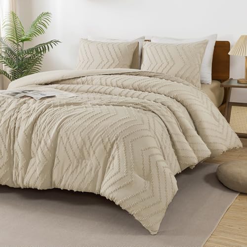 Image of Andency Light Khaki Comforter Set Queen Size, Boho Soft Warm Tufted Bedding Comforter Sets for Queen Size Bed, 3 Pieces Aesthetic Chevron Farmhouse Cute Bohemian Textured Bed Set