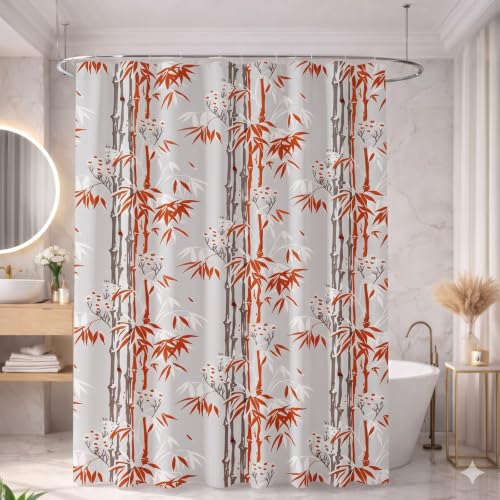 Image of Shower Curtain 7 Feet | Waterproof PVC Printed Bathroom Curtain with 8 Rings | Transparent Stone Print Bathtub Curtain | Extra Long Bathroom Liner, Waterproof & Easy to Clean (Orange Leaf,Pack Of 1)
