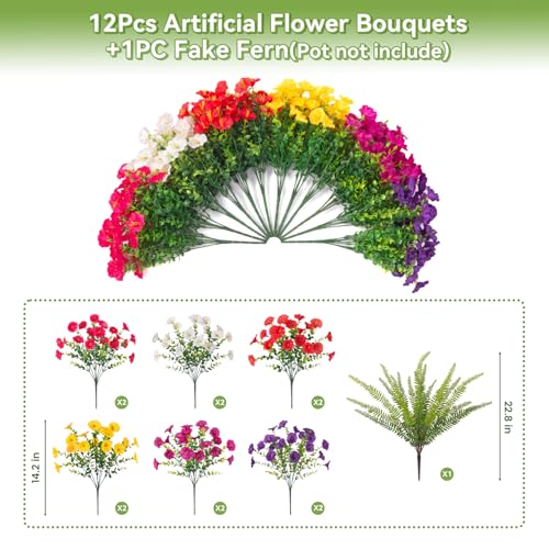 Image of Artificial Flowers Fake Plants for Outdoors Decoration, 12 Bundles Silk Morning Glory with Boston Fern Realistic UV Resistant Faux Flowers for Outside Planter Yard Patio Garden Home Indoor Urn