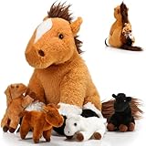 Lenwen 5 Pcs Horse Stuffed Animals 18 Inches Large Mommy Horse Plush with 4 Babies in Zippered Belly Nurturing Plushie Toy Set Gifts for Boys Girls Birthday Gift Derby Party Favors(Cuddly)