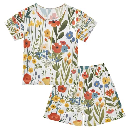 senya Short Sleeve Pajamas Sets Summer Cotton Sleepwear Red Yellow Leaves Flower