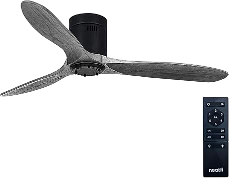 Neatfi Reversible Low Height Ceiling Fan, 6-Speed, DC Motor, 3 Solid Wood Blades, Flush Mount Indoor Ceiling Fan No Light with Remote for Kitchen, Bedroom & Living Room Dark Gray, 52 Inches
