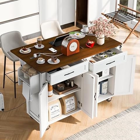 VilroCaz Farmhouse Kitchen Island with Power Outlet, Wood Kitchen Storage Island with Drop Leaf, Spice Rack and Drawer, Rolling Kitchen Cart on Wheels for Home, Kitchen and Dining Room (White-K7) Cover