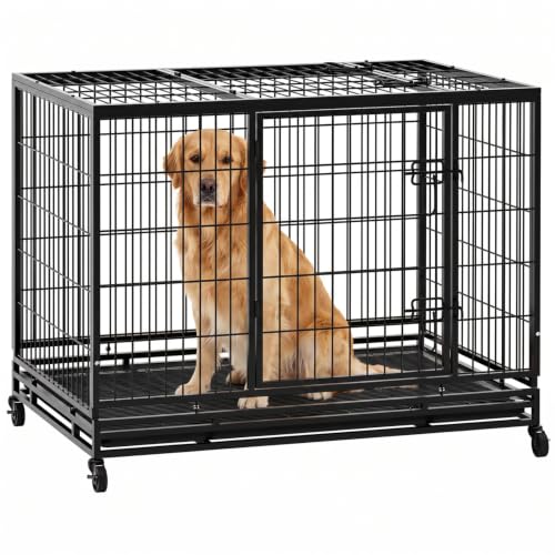 Image of Dog Crate Cage for Large Dogs Heavy Duty 48 /42 /36Inches Dog Kennel Pet Playpen for Training Indoor Outdoor with Plastic Tray Double Doors & Locks Design (42 inch)